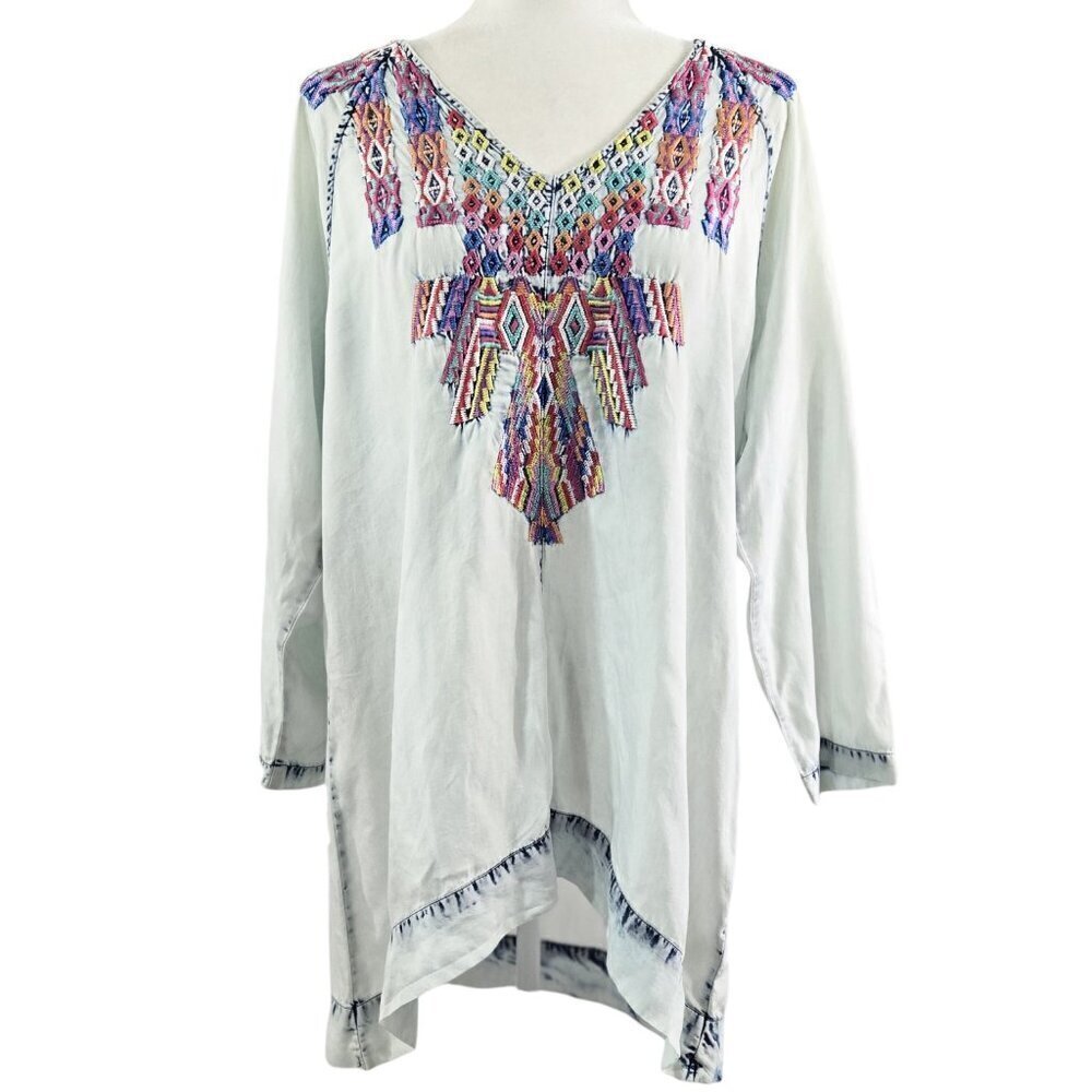 Soft Surroundings Mixteca Light Wash Embroidered V-Neck Chambray Tunic Boho